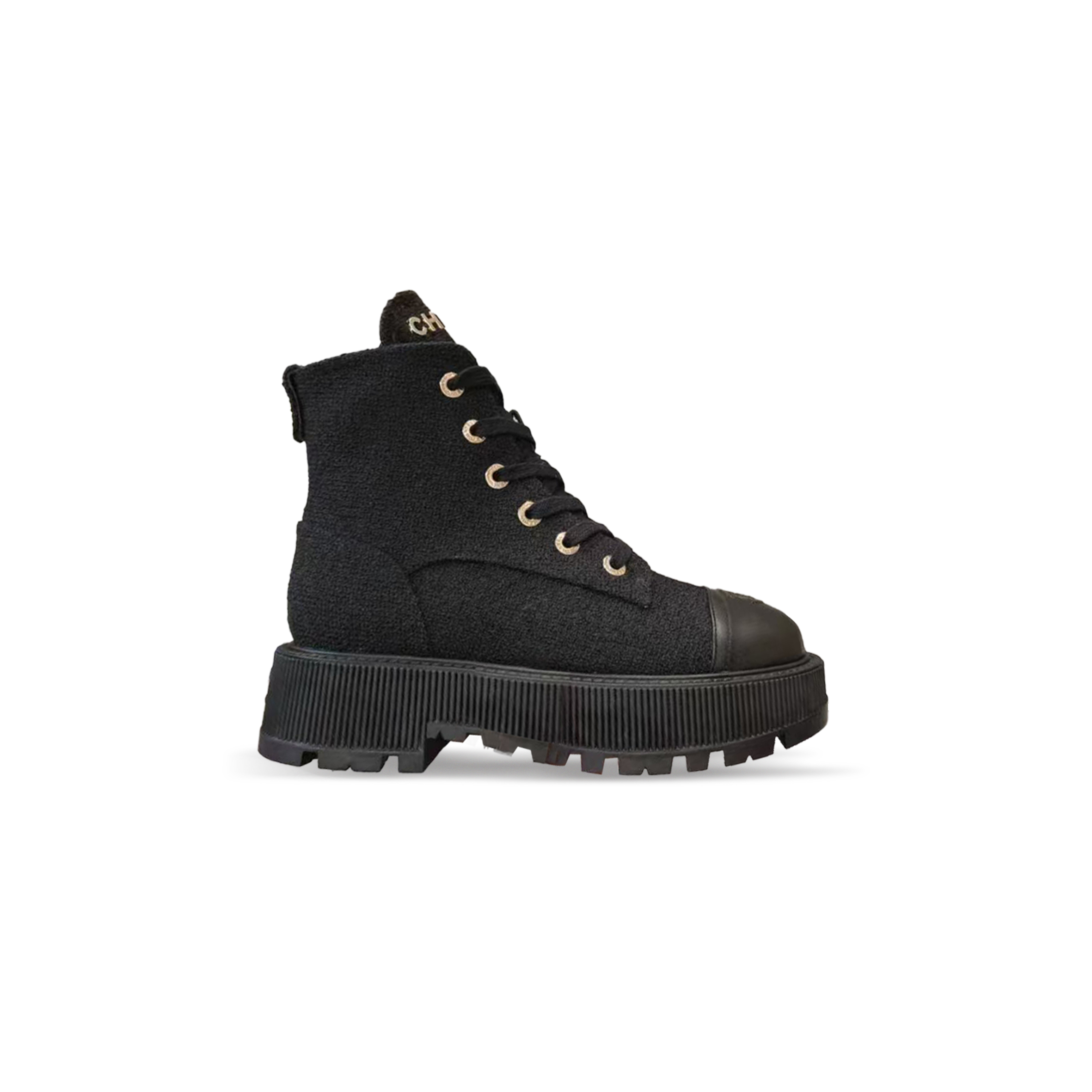 CHANEL CANVAS CC LACE UP COMBAT BOOTS 1437680